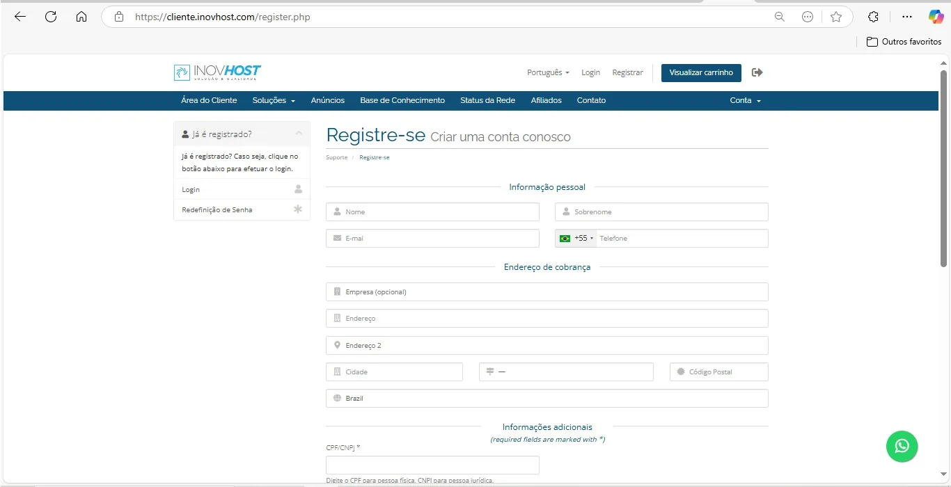Cadastro na InovHost