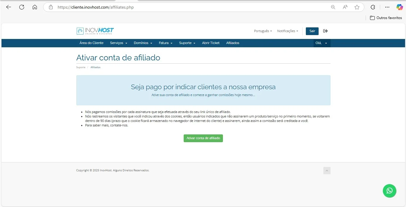 Ativação da conta de afiliado